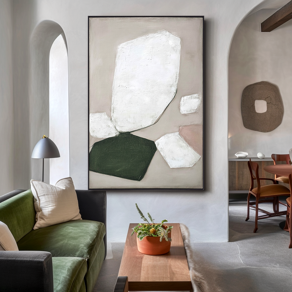 Textured abstract oil painting with geometric white, green, and pink shapes on a gray background