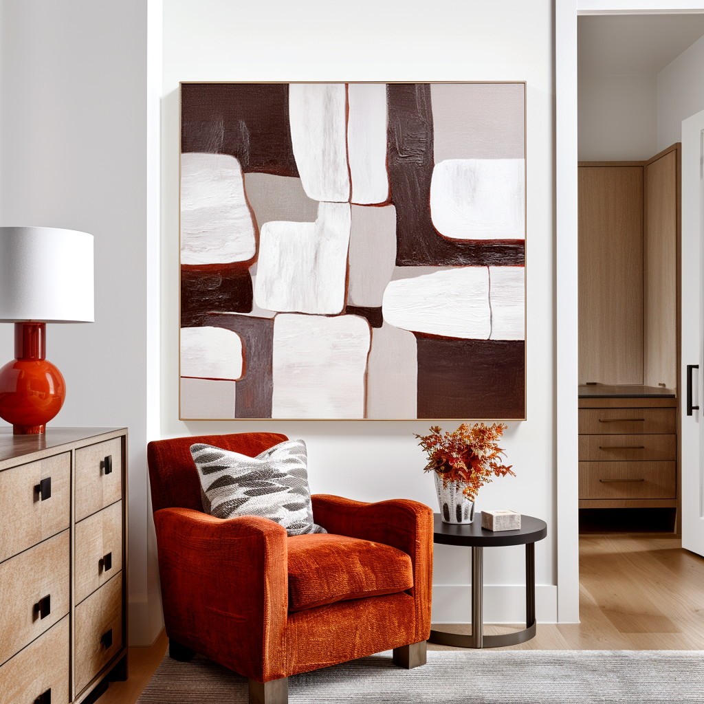 Textured abstract oil painting with white, gray, and brown geometric shapes