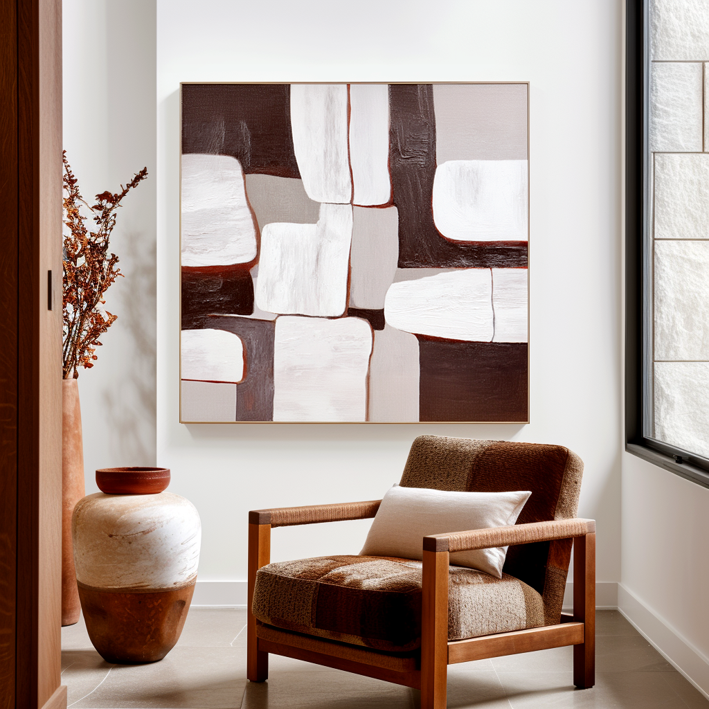 Textured abstract oil painting with white, gray, and brown geometric shapes