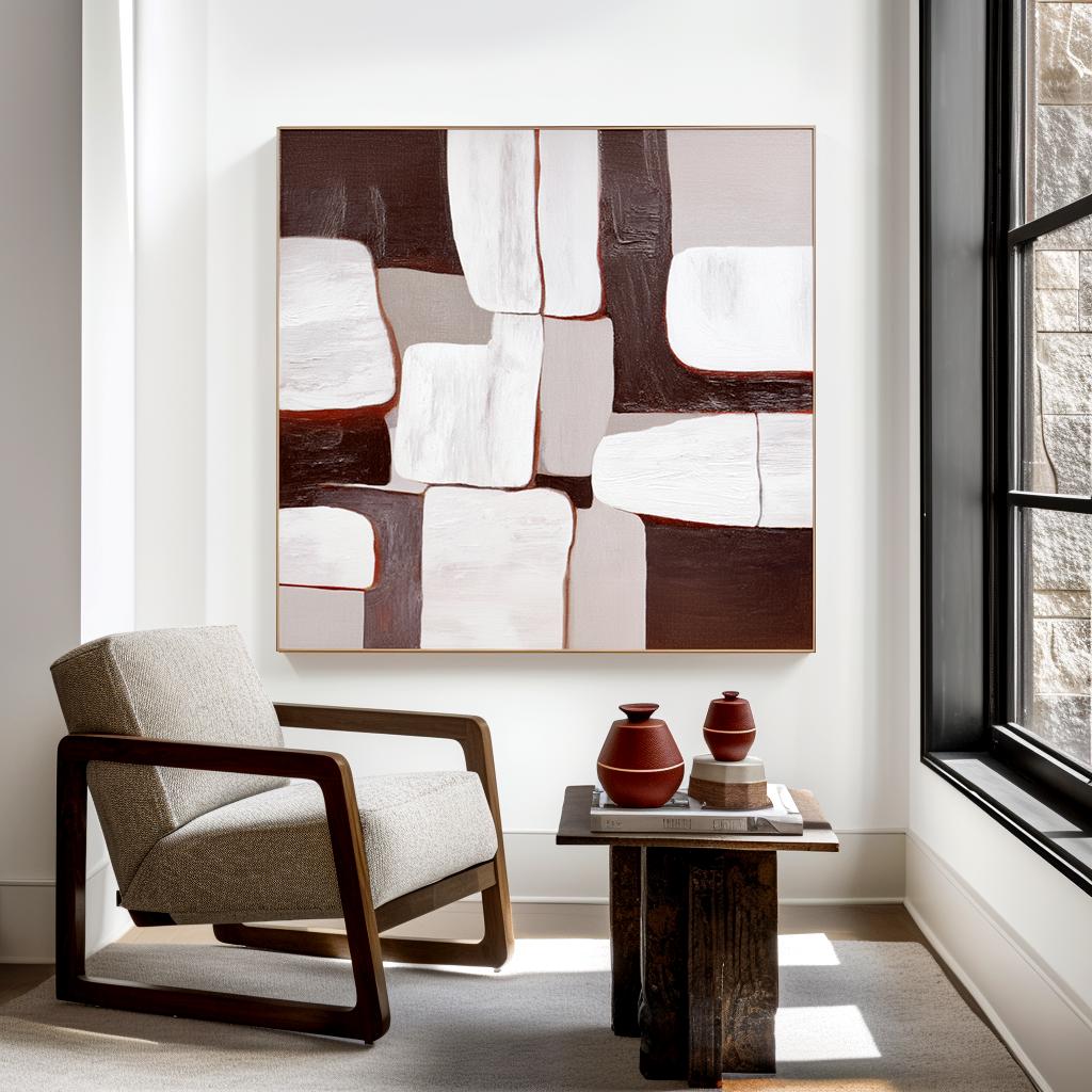 Textured abstract oil painting with white, gray, and brown geometric shapes