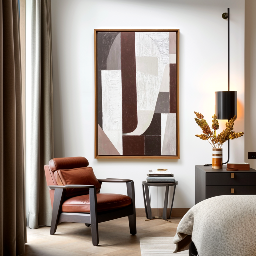 Textured abstract oil painting with geometric shapes in brown, gray, and white tones