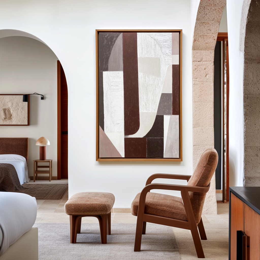 Textured abstract oil painting with geometric shapes in brown, gray, and white tones