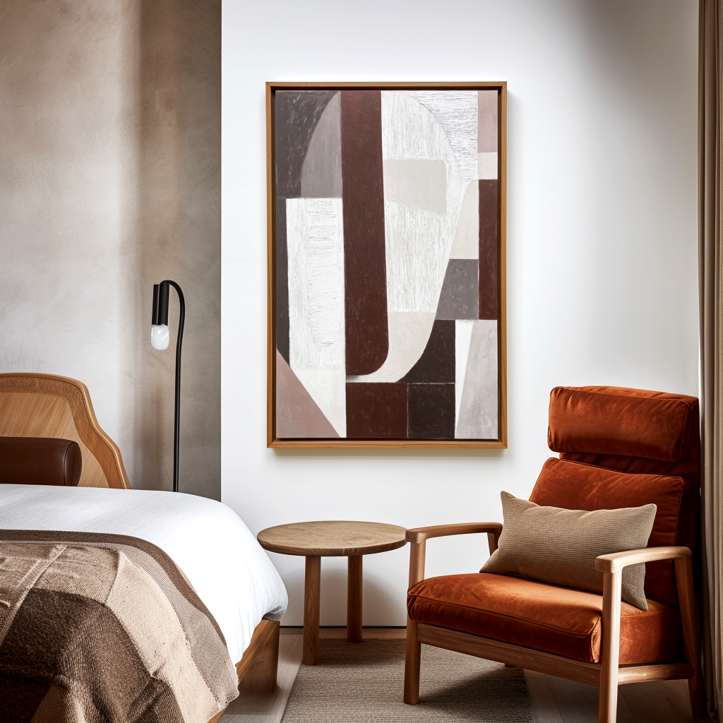 Textured abstract oil painting with geometric shapes in brown, gray, and white tones