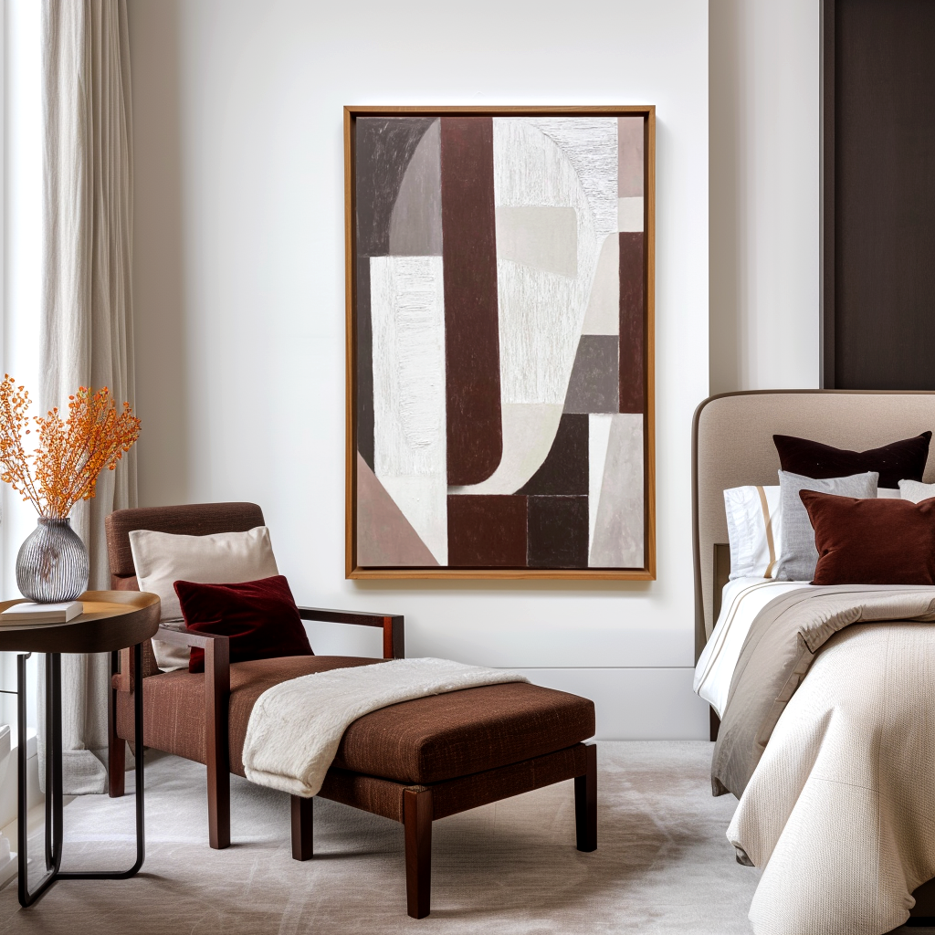 Textured abstract oil painting with geometric shapes in brown, gray, and white tones