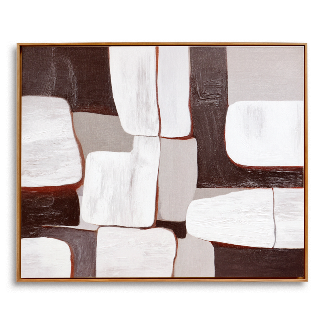 Abstract oil painting with geometric white, gray, and brown blocks in textured design