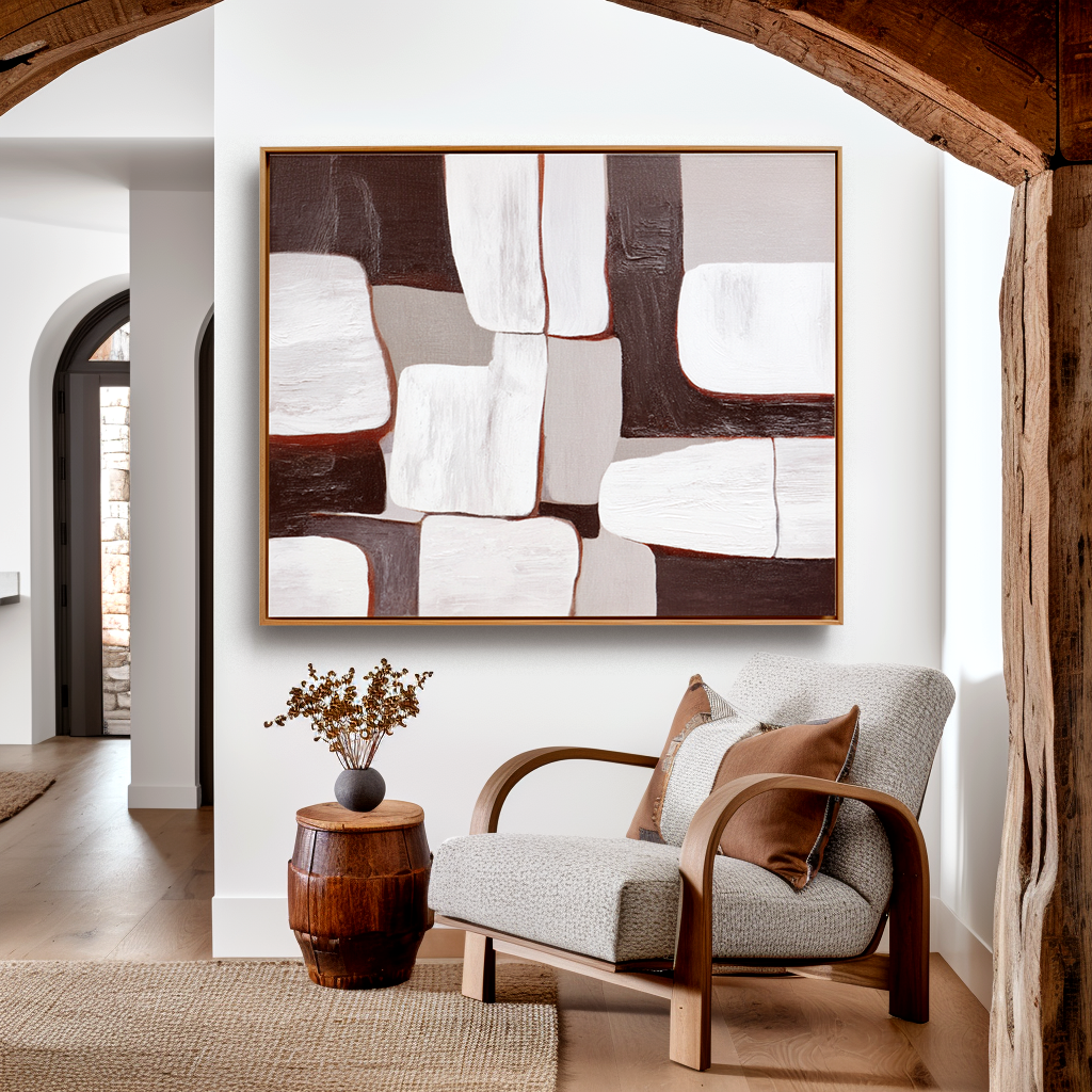 Abstract oil painting with geometric white, gray, and brown blocks in textured design