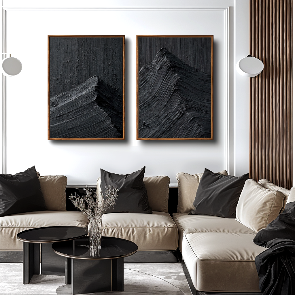 Textured abstract oil painting set of black mountain peaks with impasto brushstrokes