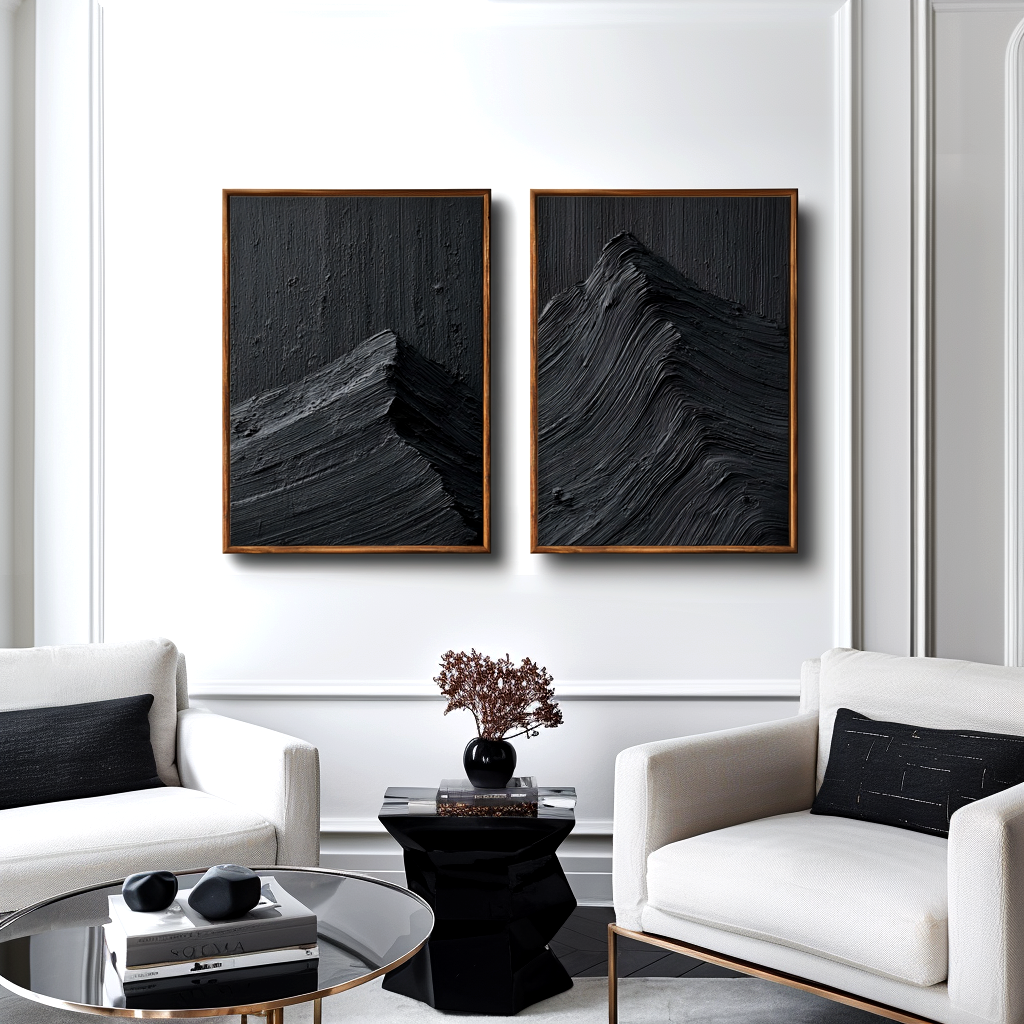 Textured abstract oil painting set of black mountain peaks with impasto brushstrokes