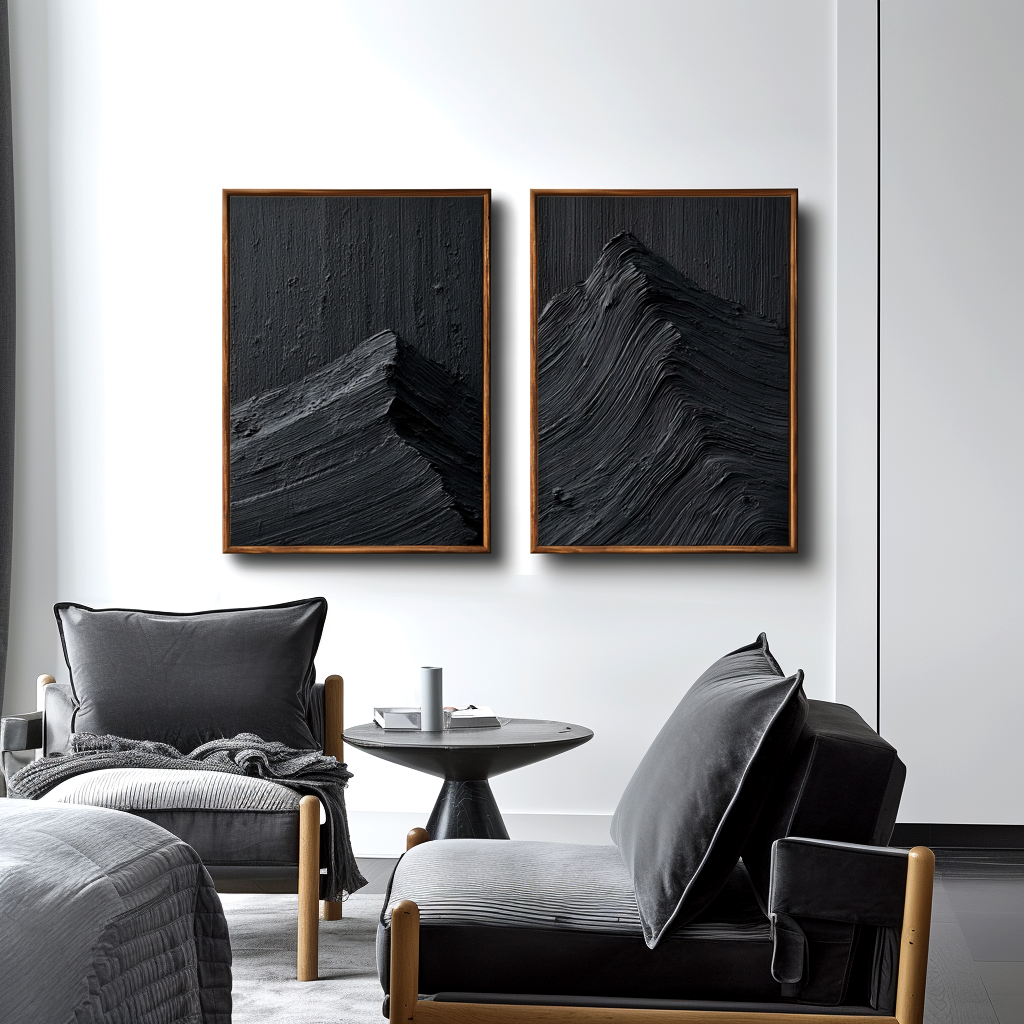 Textured abstract oil painting set of black mountain peaks with impasto brushstrokes