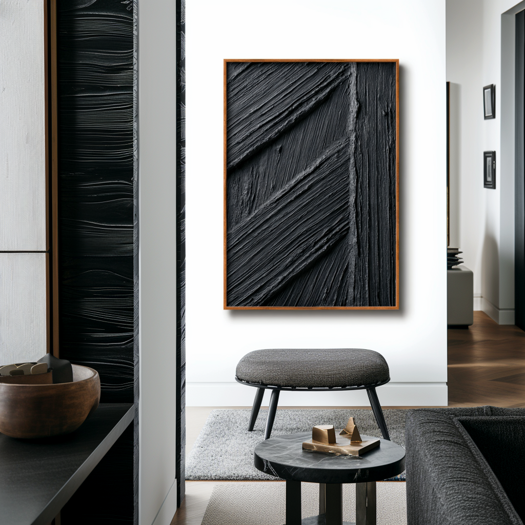 Abstract textured black oil painting with angular brushstrokes and geometric lines