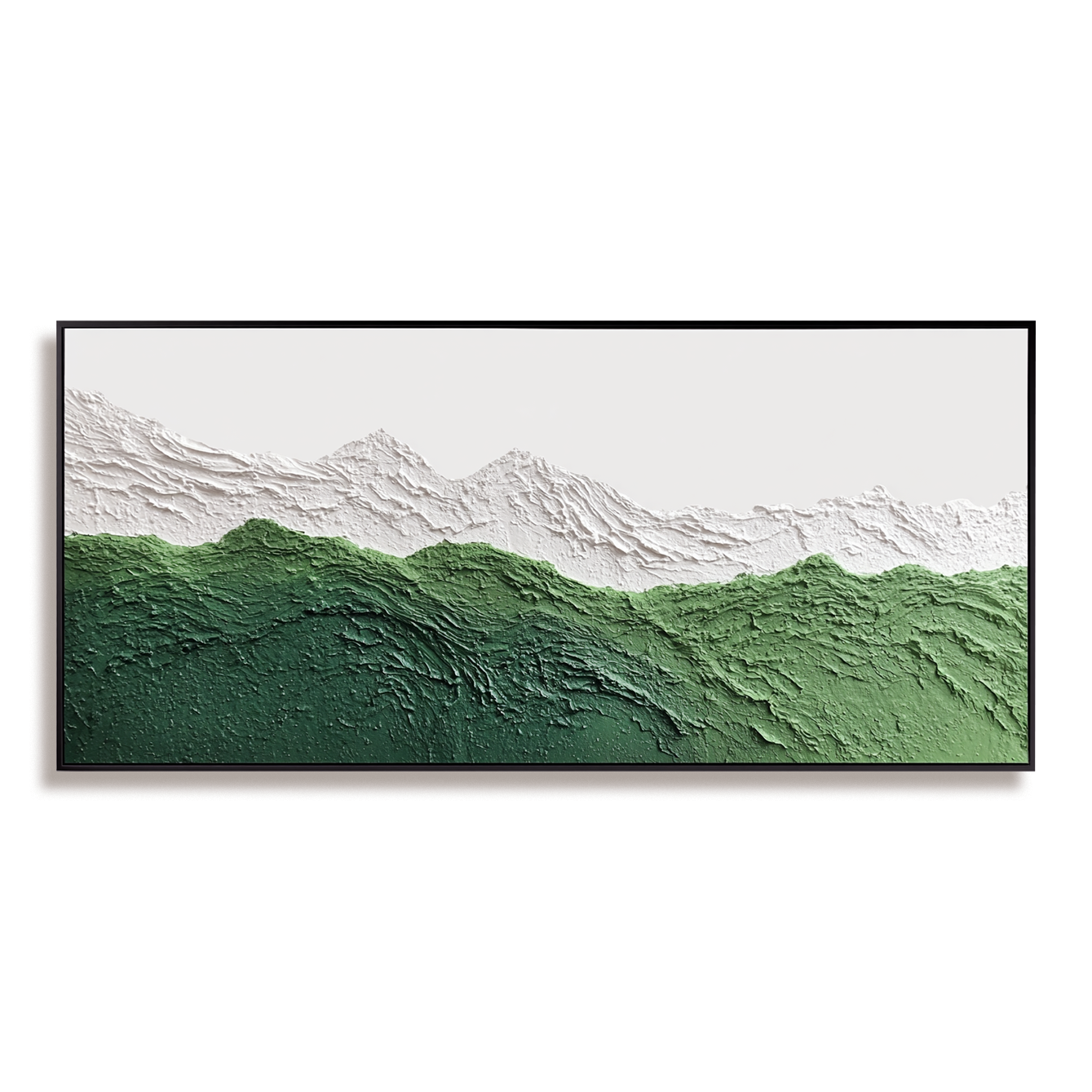 Textured abstract oil painting of green mountains with white snowy peaks