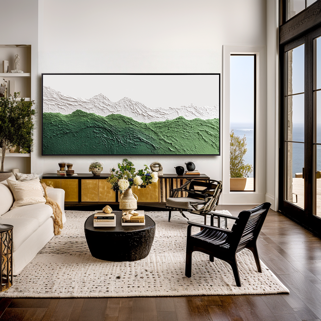 Textured abstract oil painting of green mountains with white snowy peaks