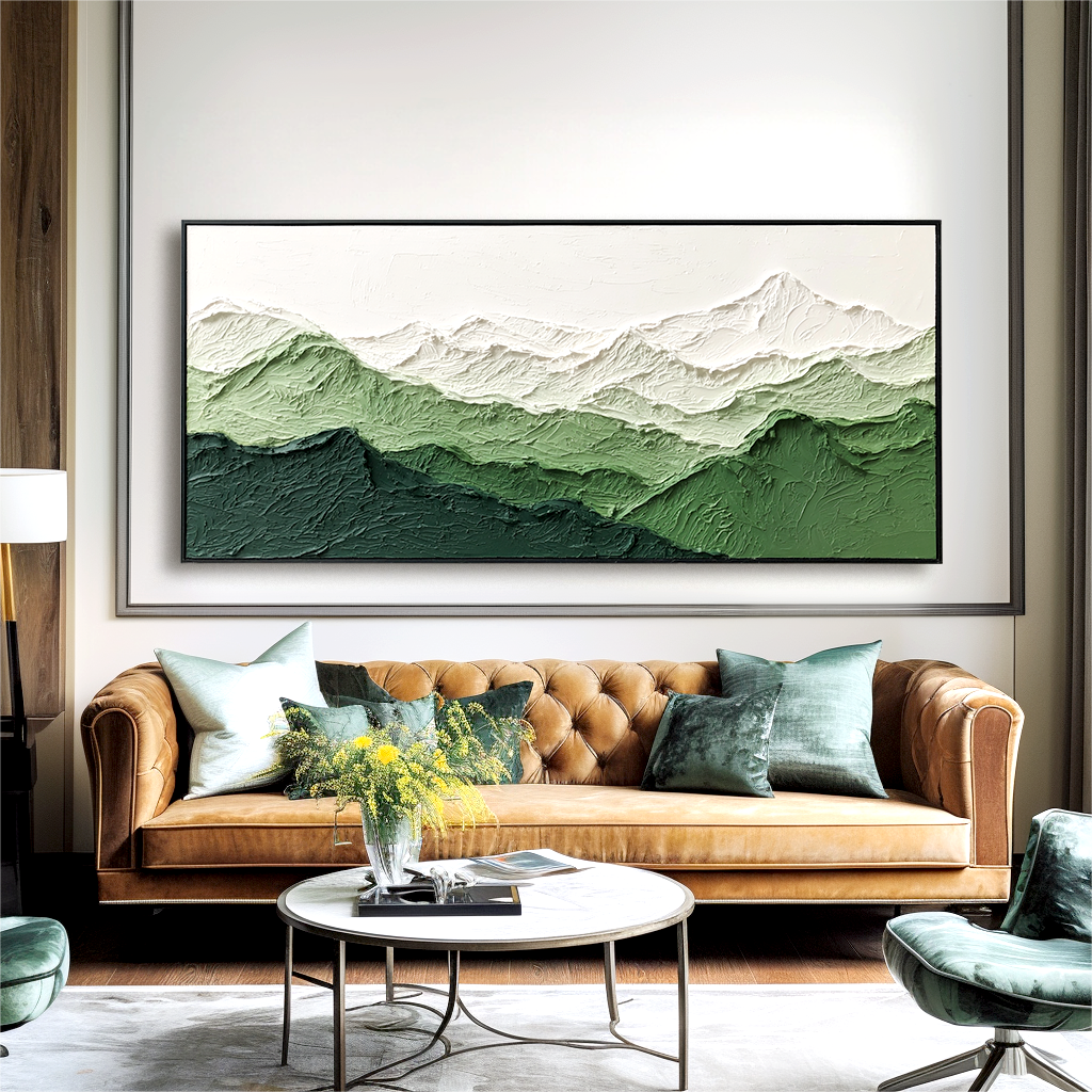 Textured abstract oil painting of a green mountain range with snow-capped peaks