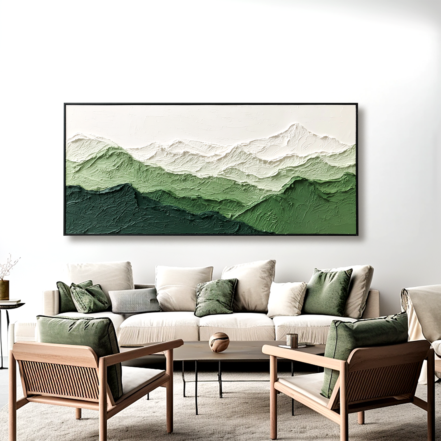 Textured abstract oil painting of a green mountain range with snow-capped peaks