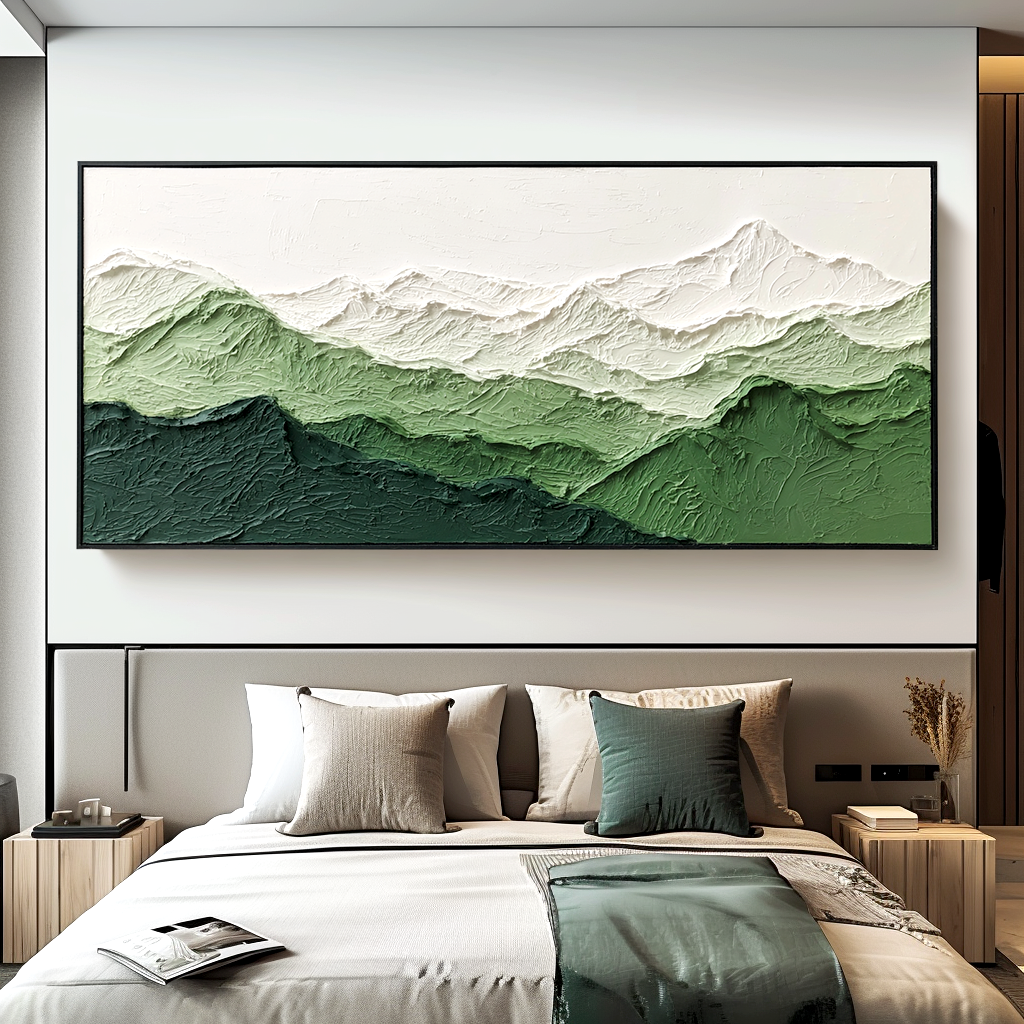 Textured abstract oil painting of a green mountain range with snow-capped peaks