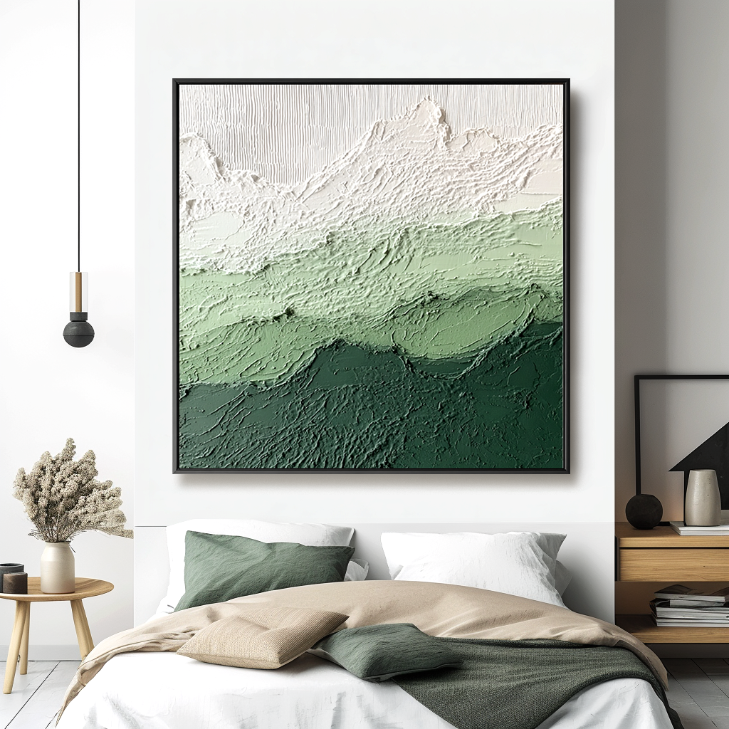 Textured abstract oil painting of green mountains with snow-covered peaks in white