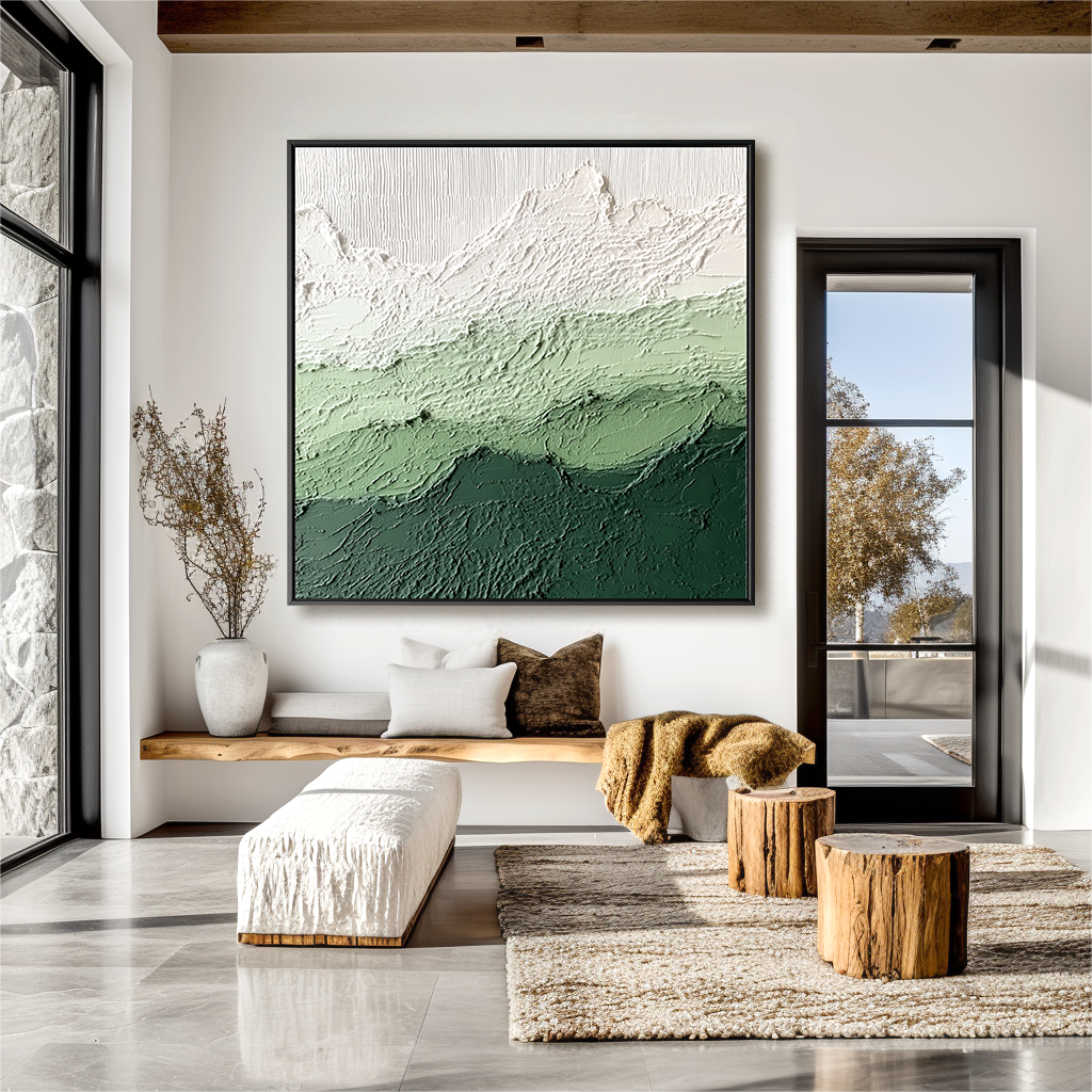 Textured abstract oil painting of green mountains with snow-covered peaks in white