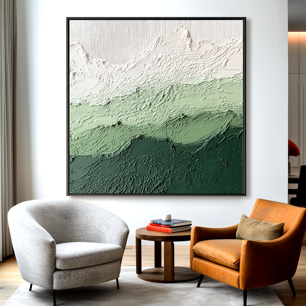 Textured abstract oil painting of green mountains with snow-covered peaks in white