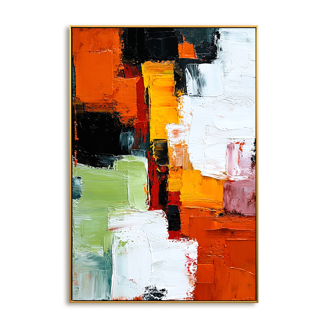 Abstract oil painting with bold textured strokes in orange, green, yellow, black, and white.