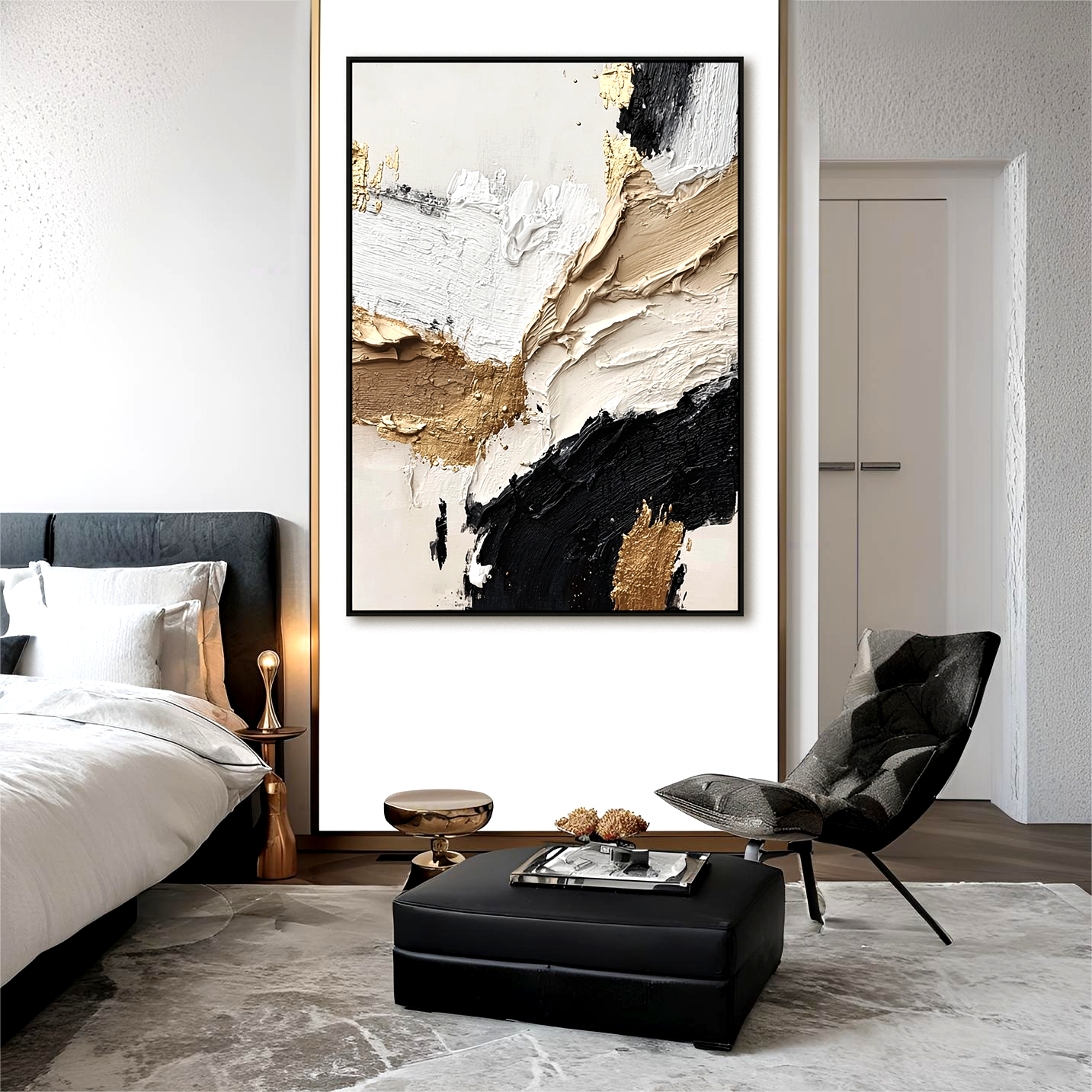 Elegant abstract oil painting with black, white, and gold textures in bold impasto strokes.