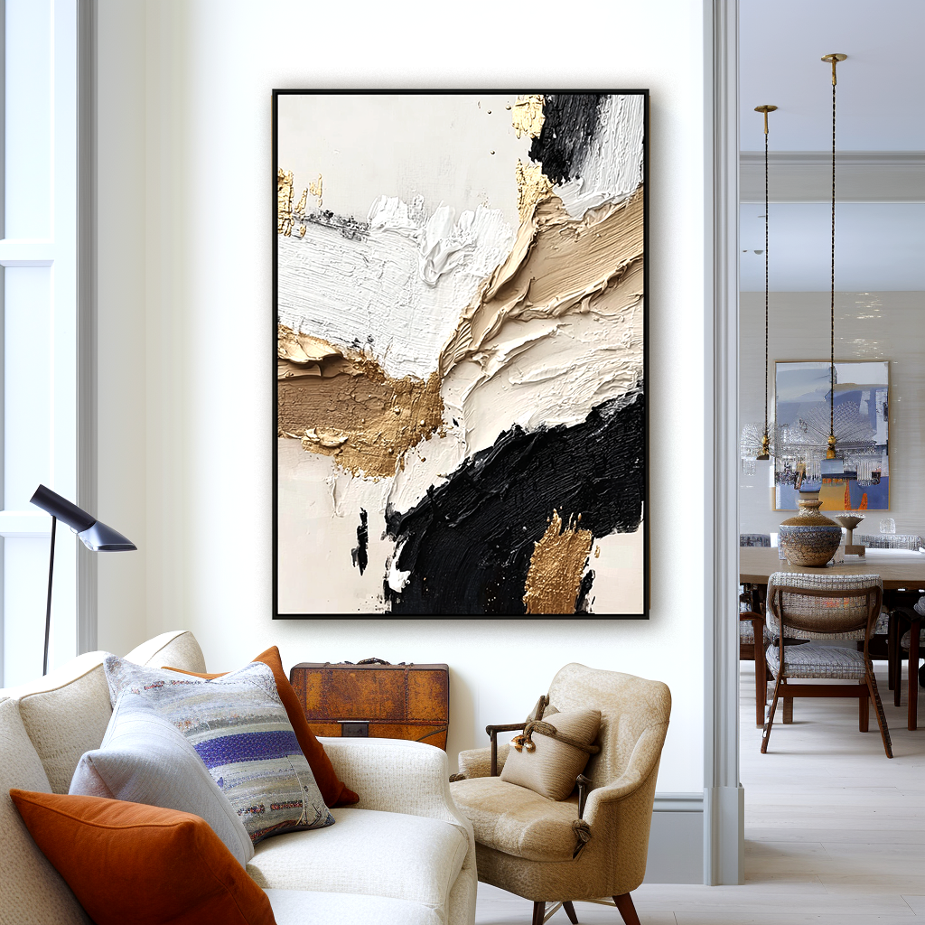 Elegant abstract oil painting with black, white, and gold textures in bold impasto strokes.