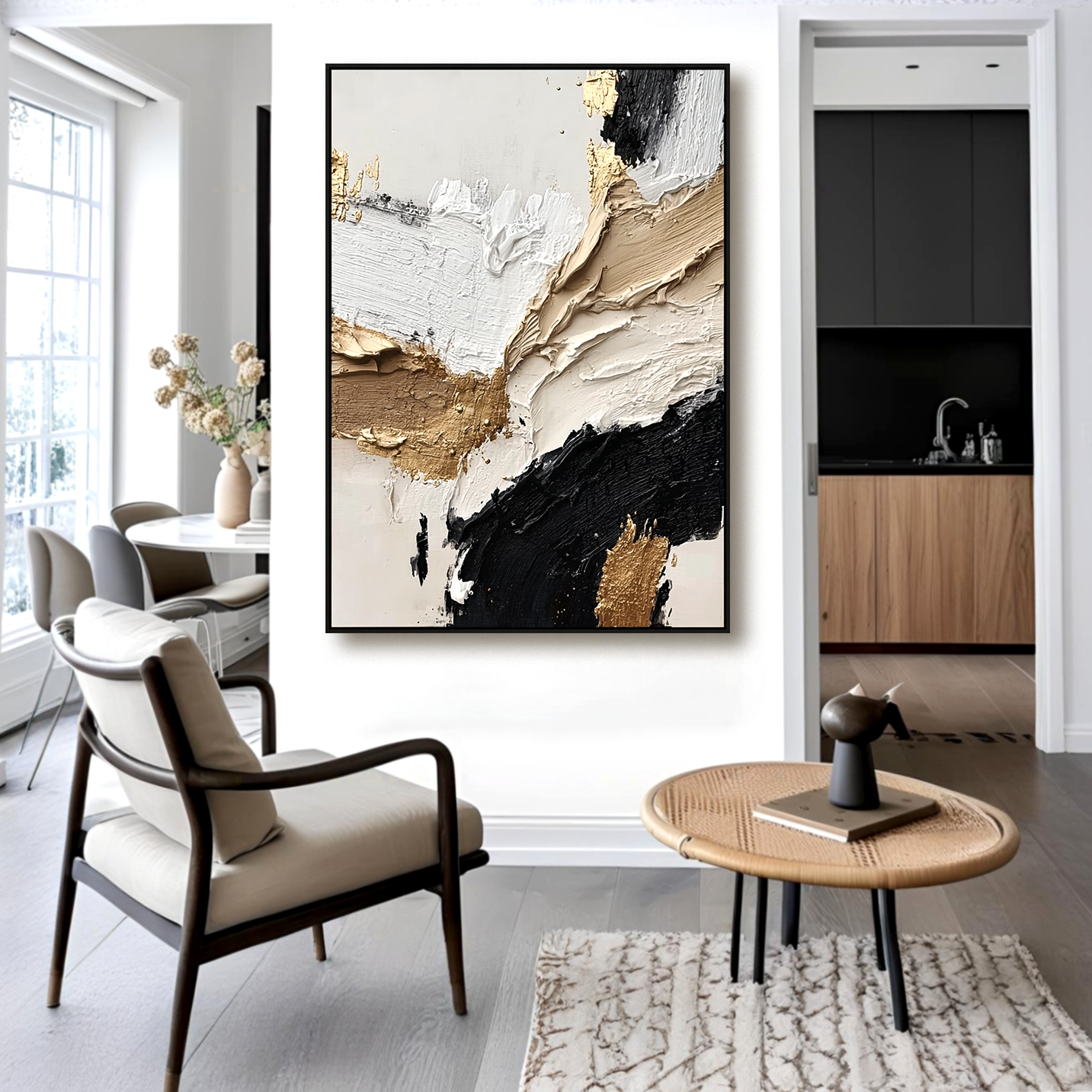 Elegant abstract oil painting with black, white, and gold textures in bold impasto strokes.