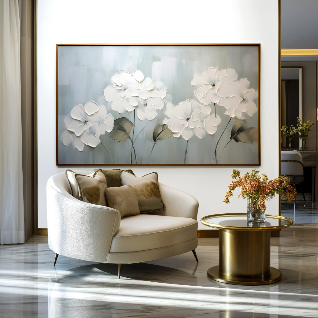 Elegant white flower oil painting with textured brushstrokes and a soft light blue background.