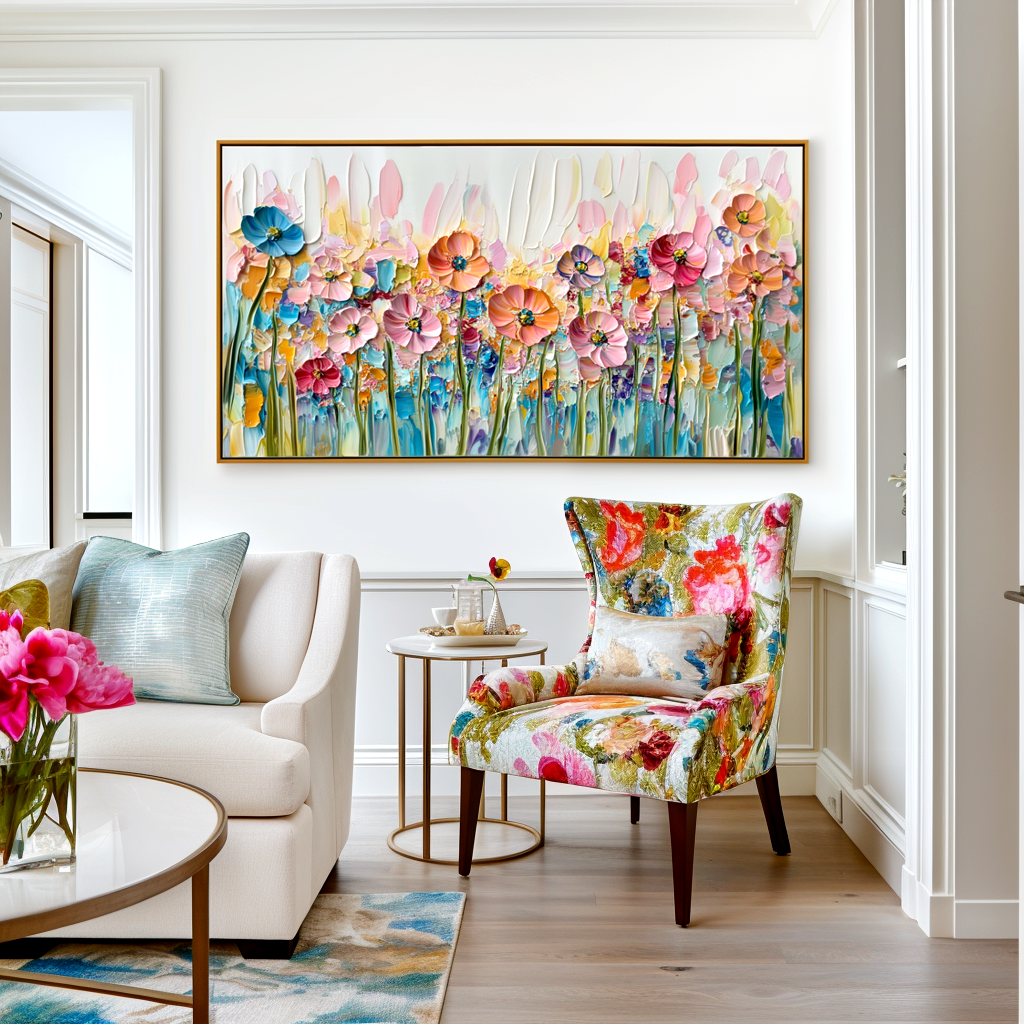 Vibrant Floral Oil Painting – Colorful Poppy Field Art with Textured Strokes