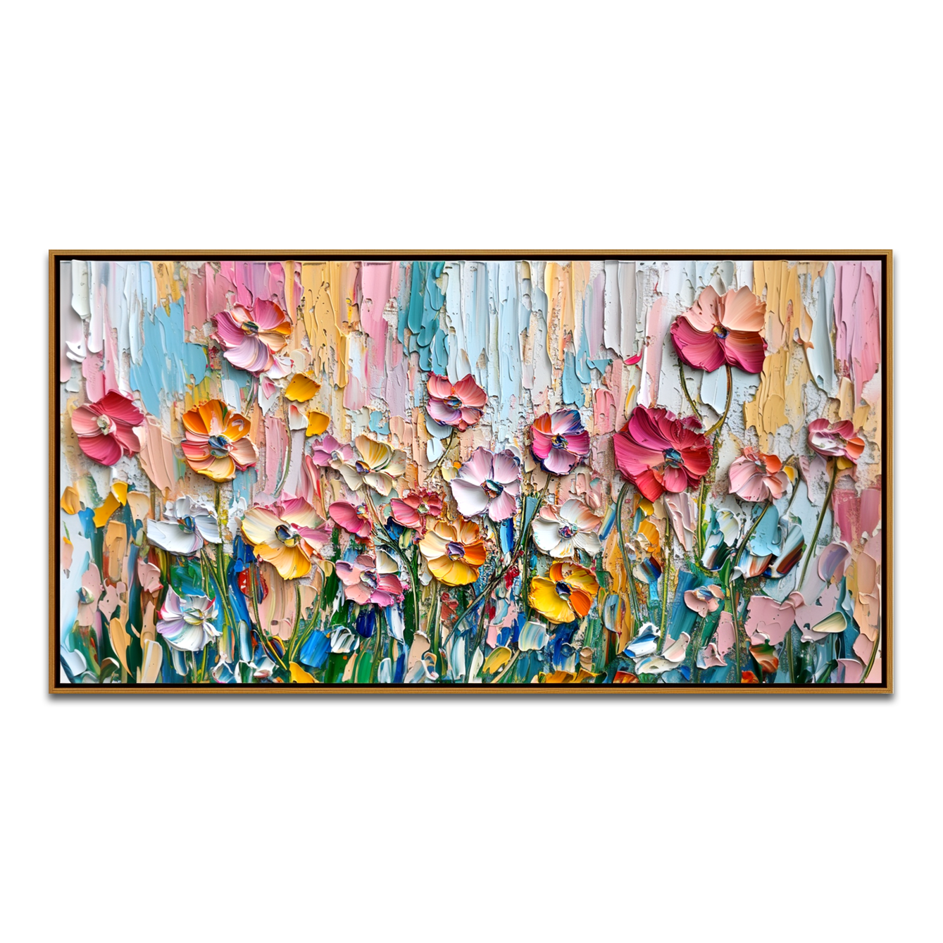 Vibrant poppy garden oil painting with textured brushstrokes in pastel pink, orange, purple, and blue hues.