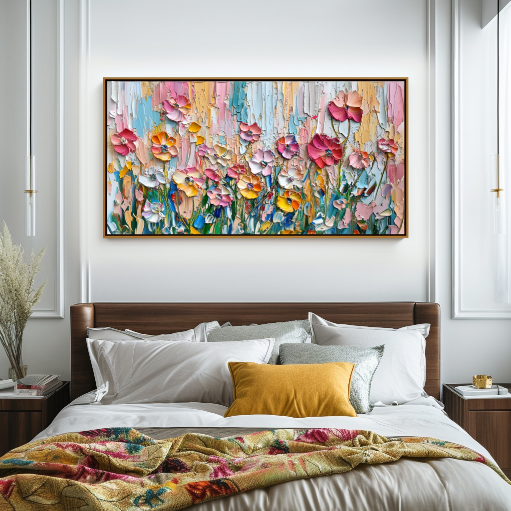 Vibrant poppy garden oil painting with textured brushstrokes in pastel pink, orange, purple, and blue hues.