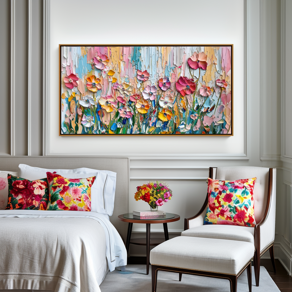 Vibrant poppy garden oil painting with textured brushstrokes in pastel pink, orange, purple, and blue hues.