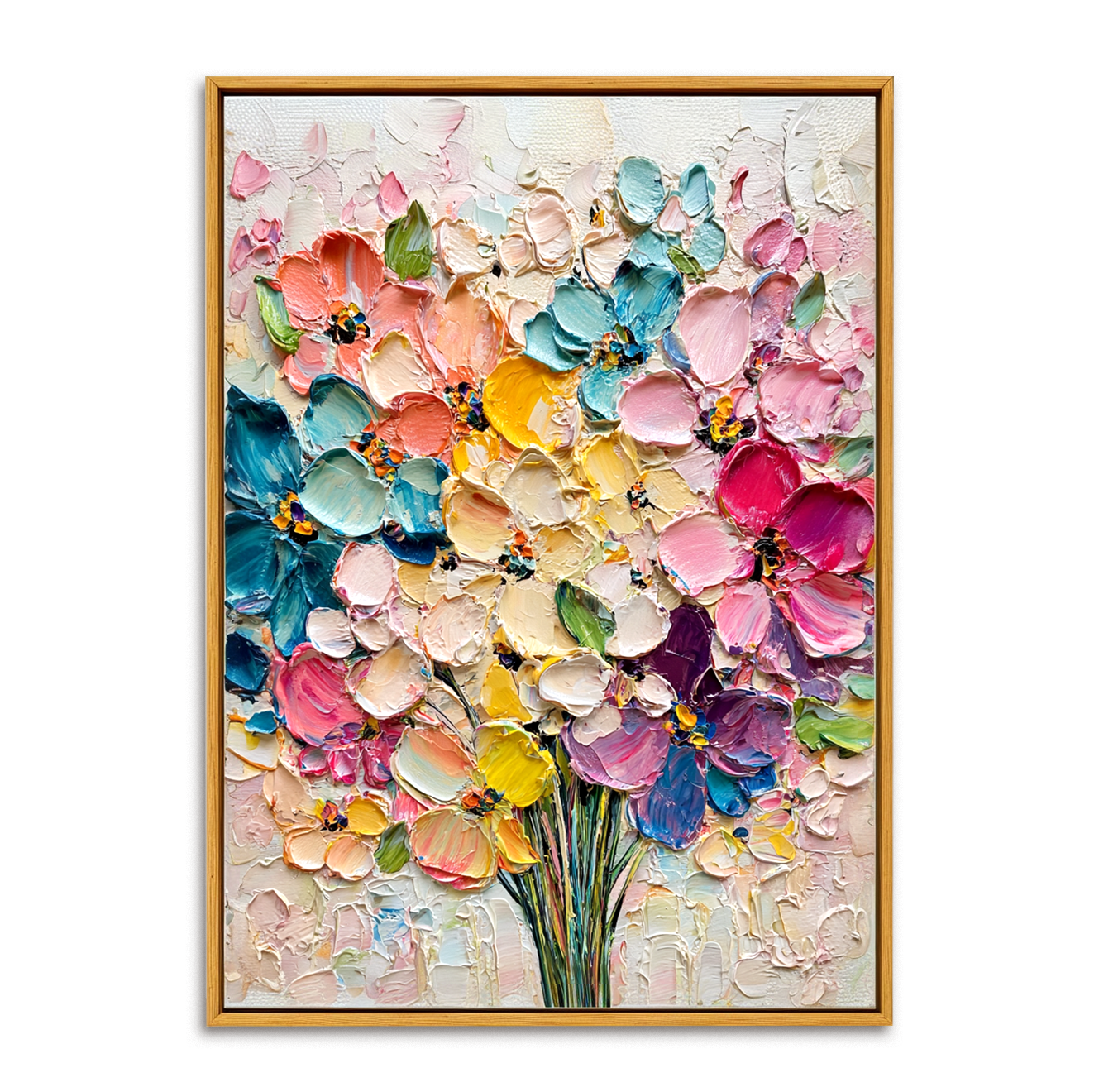 Bright textured floral oil painting featuring a vibrant bouquet of pink, yellow, blue, and purple flowers.