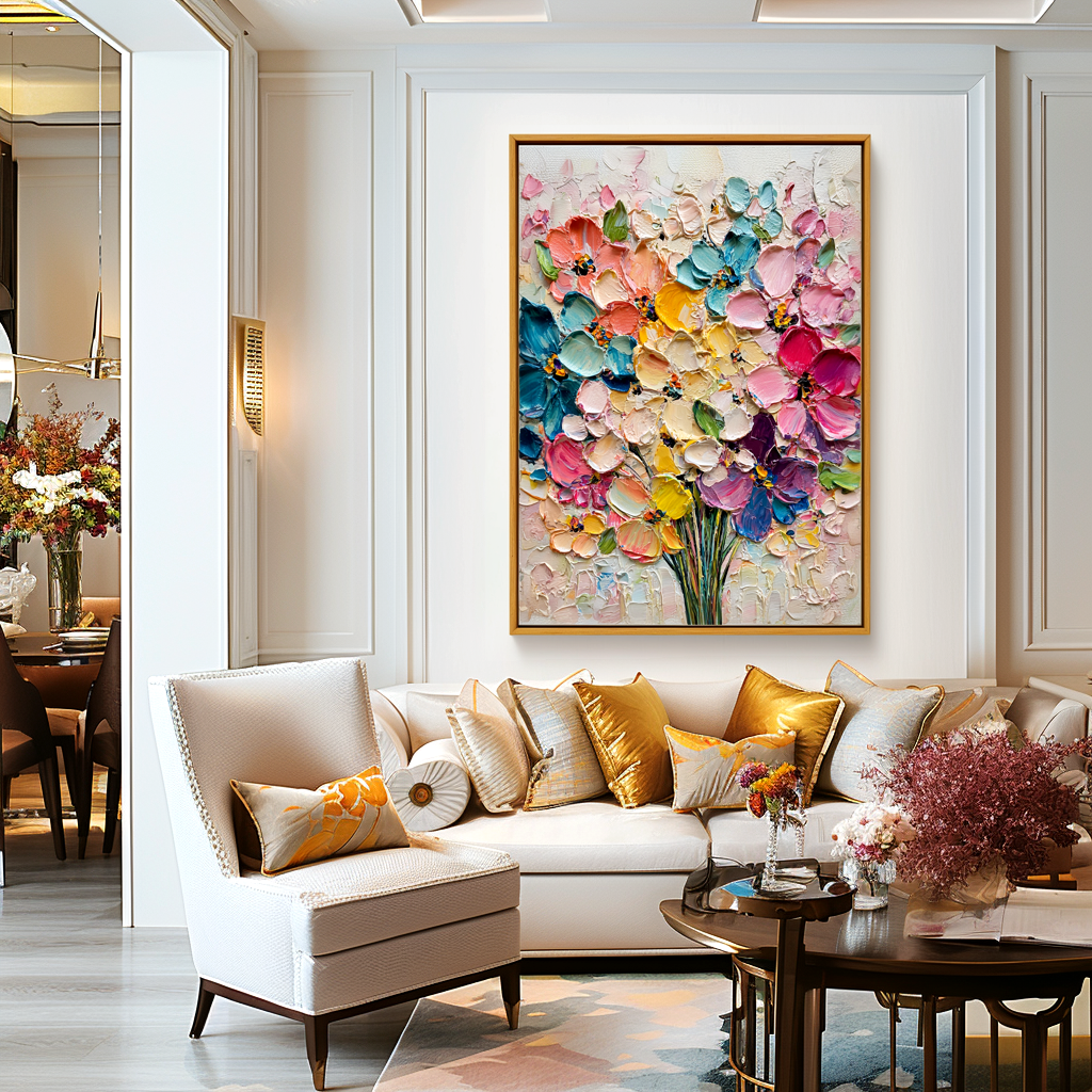 Bright textured floral oil painting featuring a vibrant bouquet of pink, yellow, blue, and purple flowers.