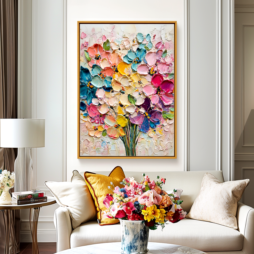 Bright textured floral oil painting featuring a vibrant bouquet of pink, yellow, blue, and purple flowers.