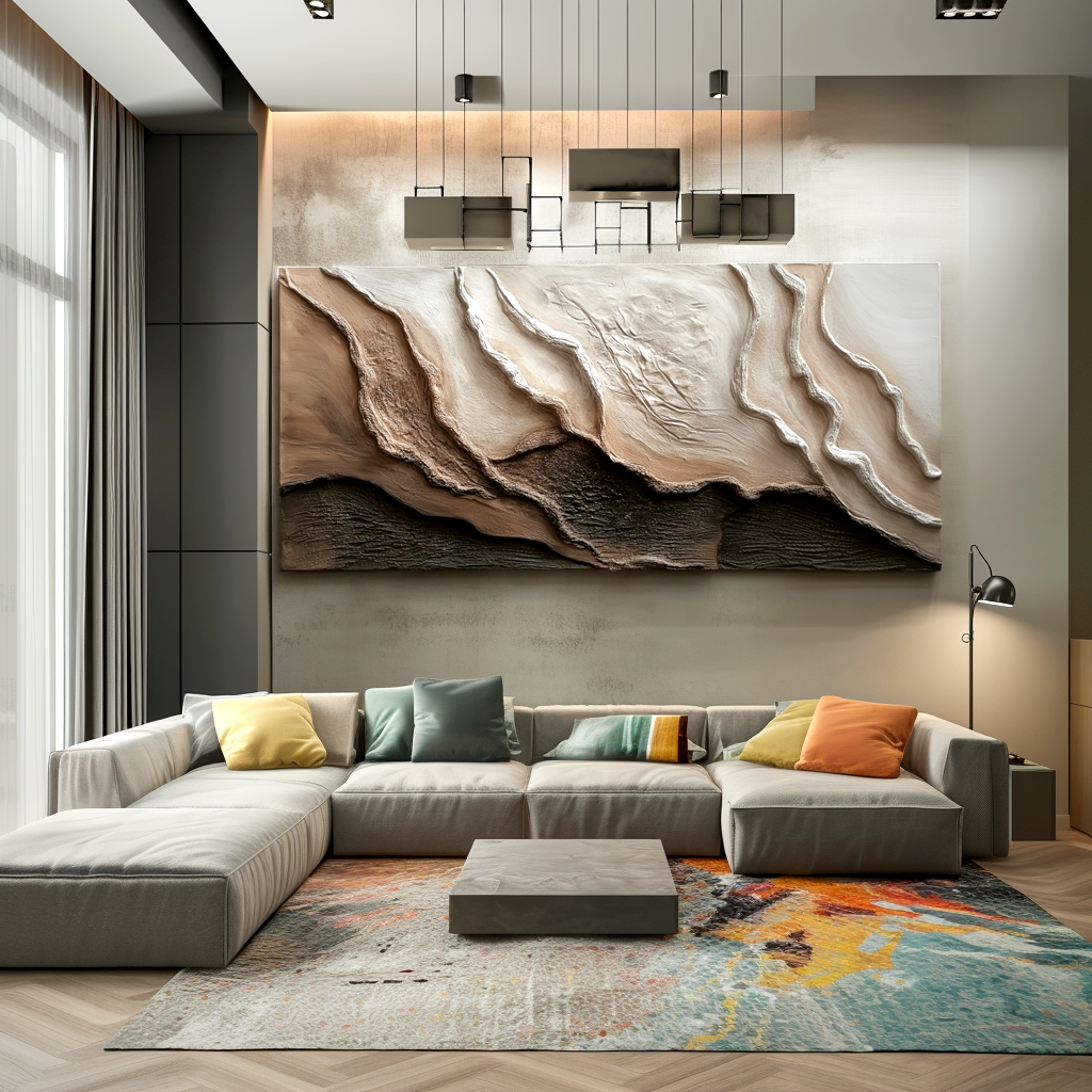 neutral layered textured abstract painting with canyon-like forms