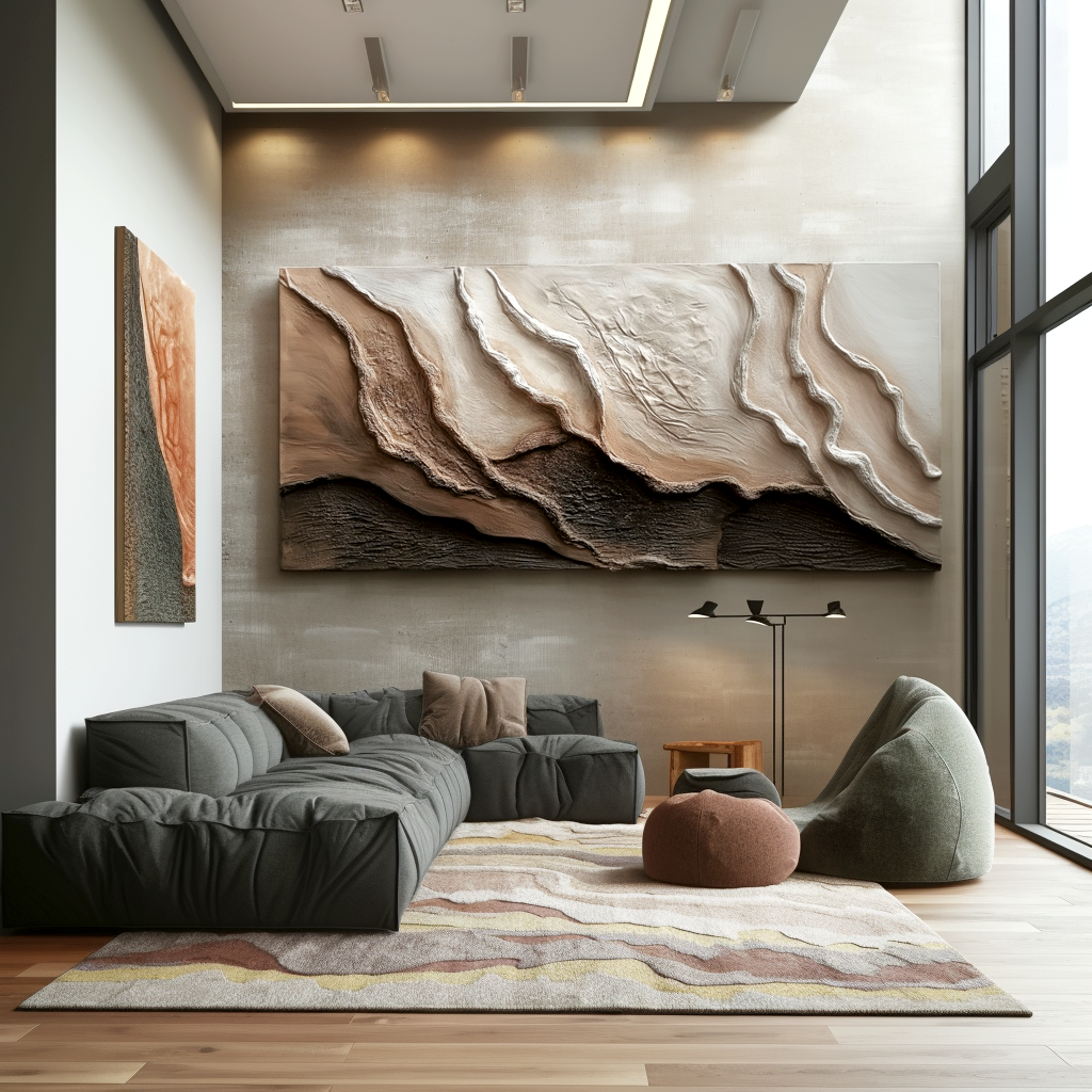 neutral layered textured abstract painting with canyon-like forms