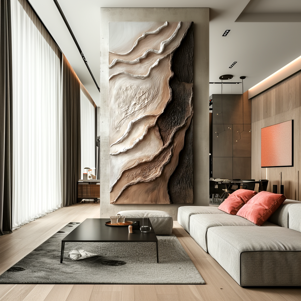 neutral layered textured abstract painting with canyon-like forms