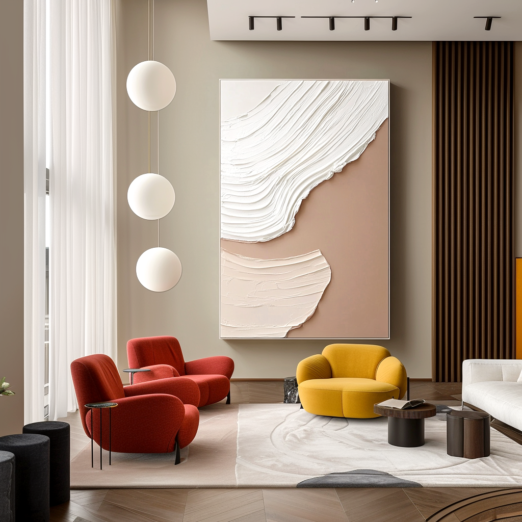 neutral minimal textured abstract painting with white and beige layered strokes on brown background