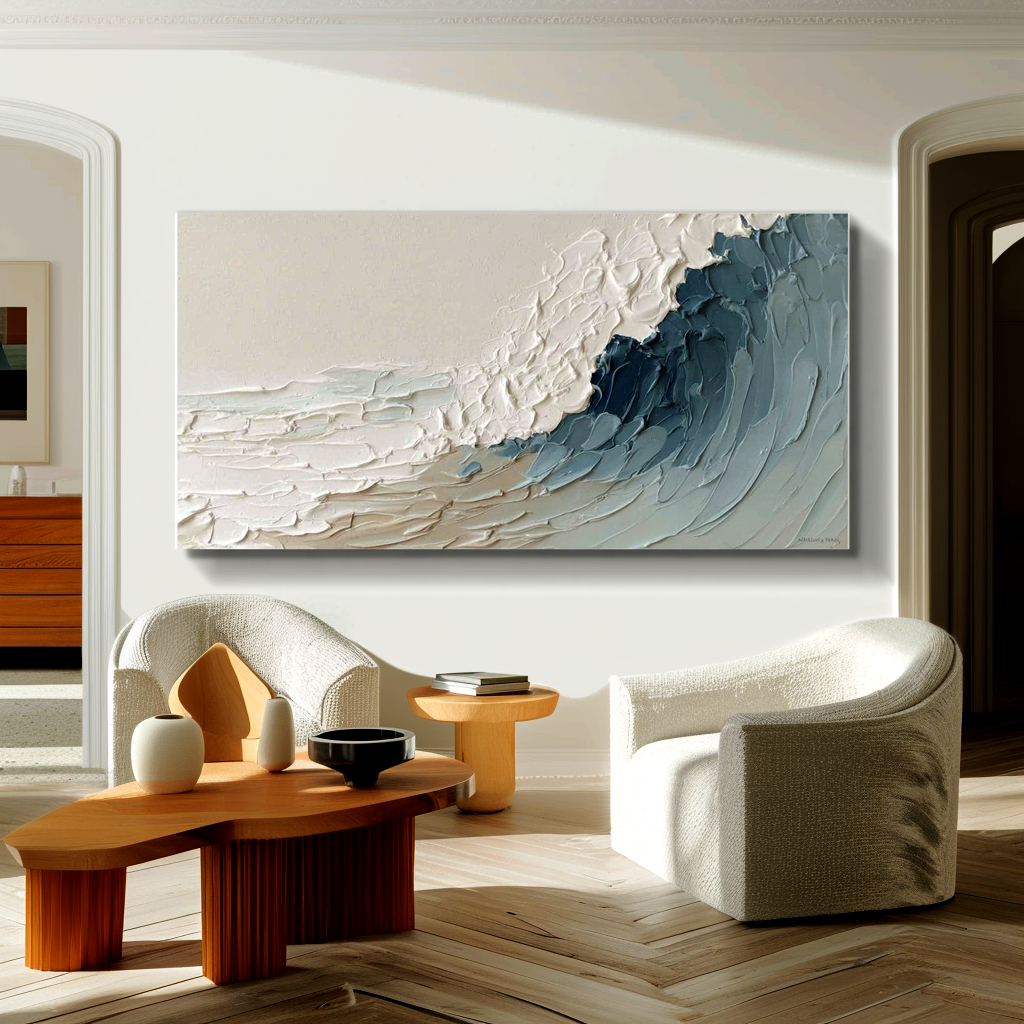 textured abstract coastal wave painting in soft blue and white tones