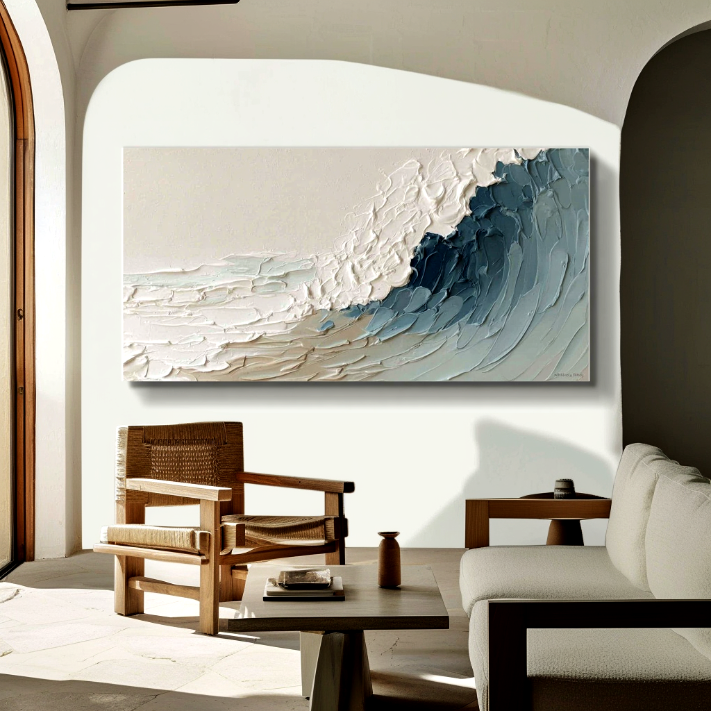 textured abstract coastal wave painting in soft blue and white tones