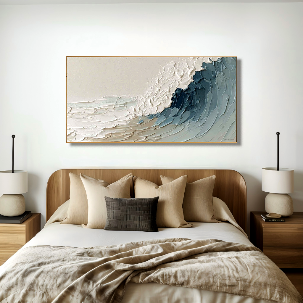 textured abstract coastal wave painting in soft blue and white tones