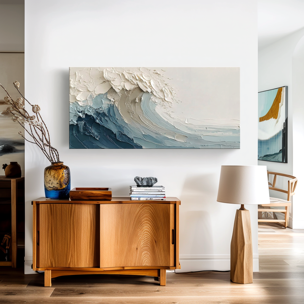 textured abstract ocean wave painting in blue and cream tones