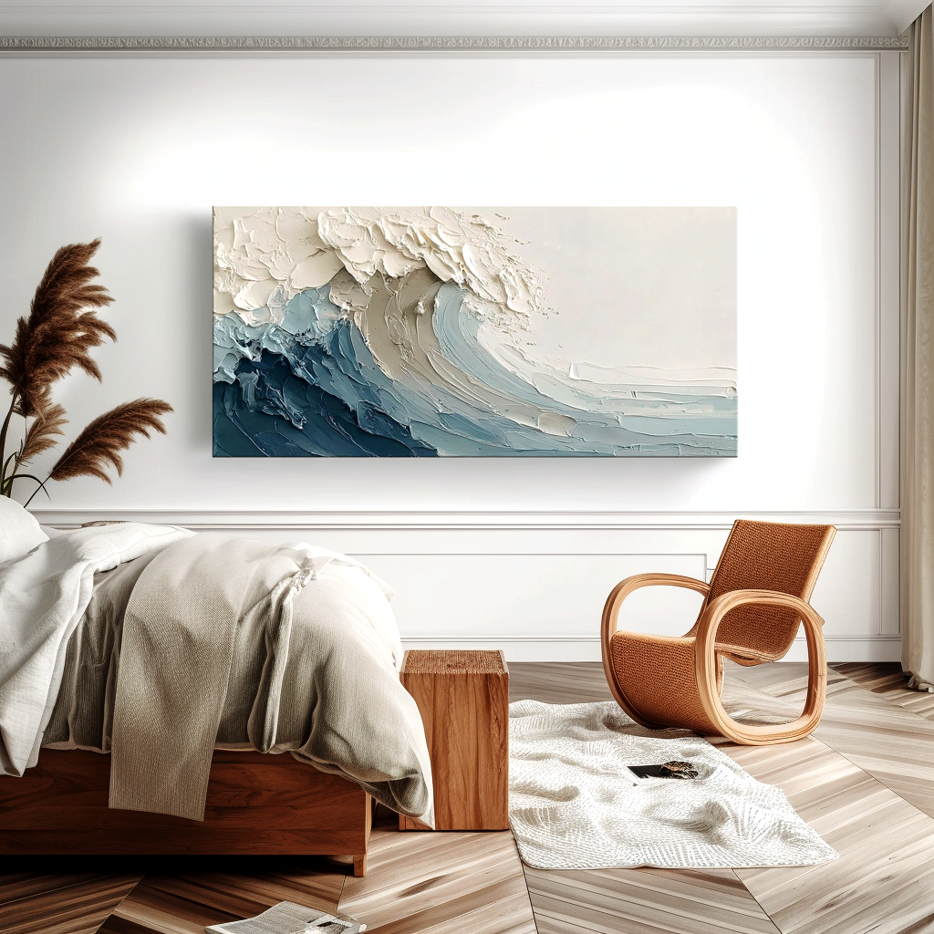 textured abstract ocean wave painting in blue and cream tones