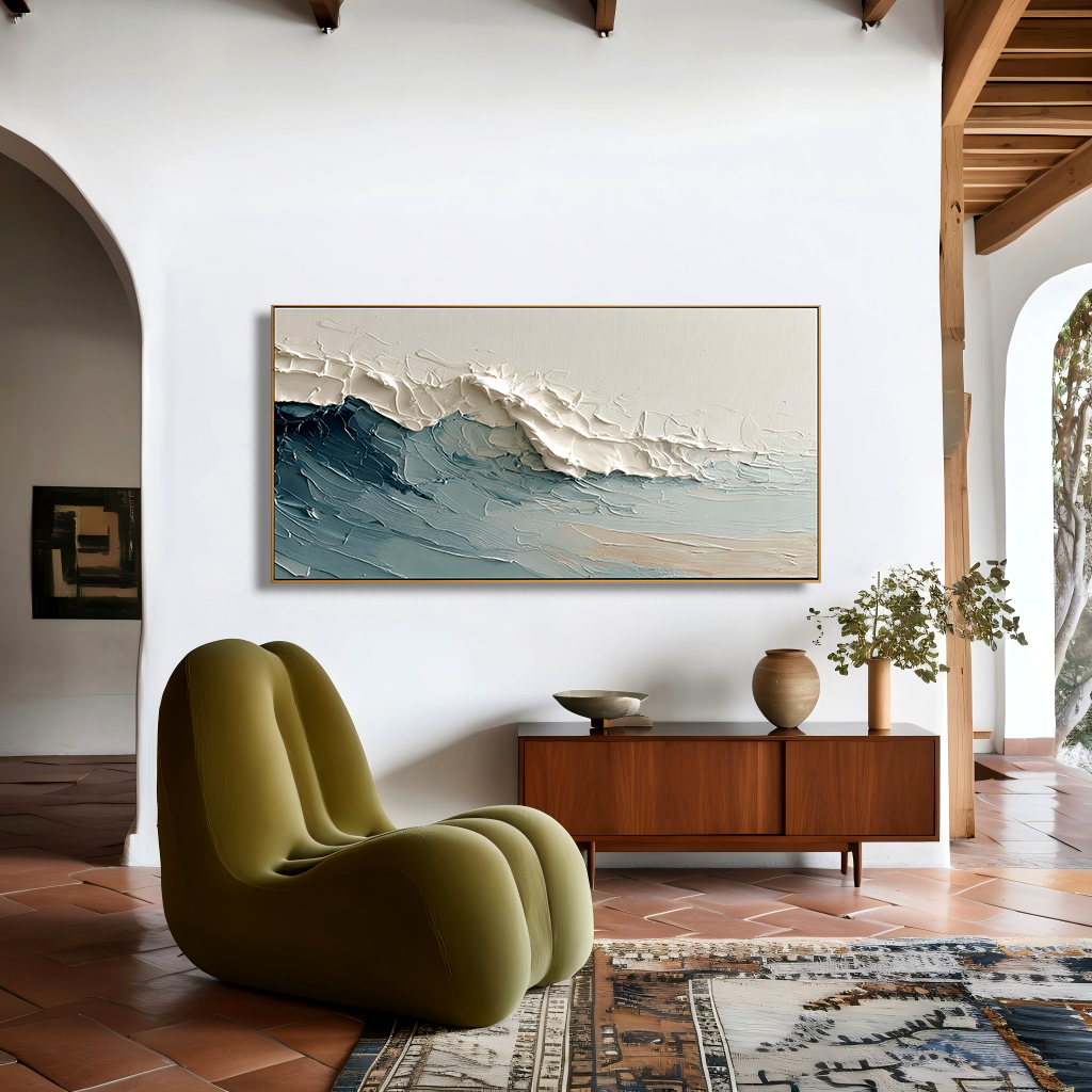 textured abstract ocean wave painting with blue water and white foam