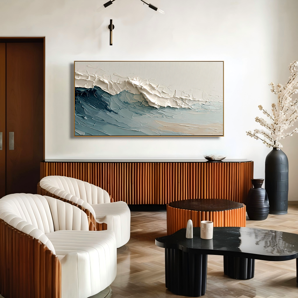 textured abstract ocean wave painting with blue water and white foam