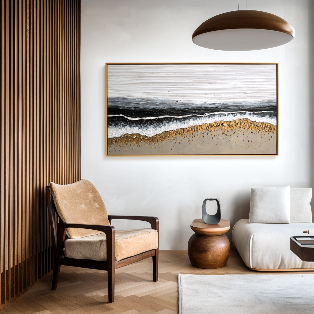 textured abstract beach painting with waves and golden sand