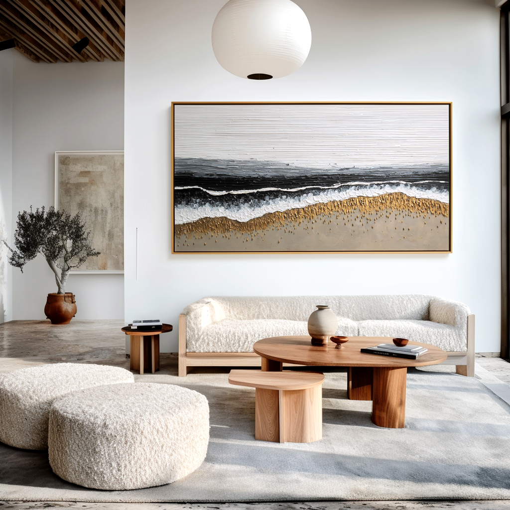 textured abstract beach painting with waves and golden sand