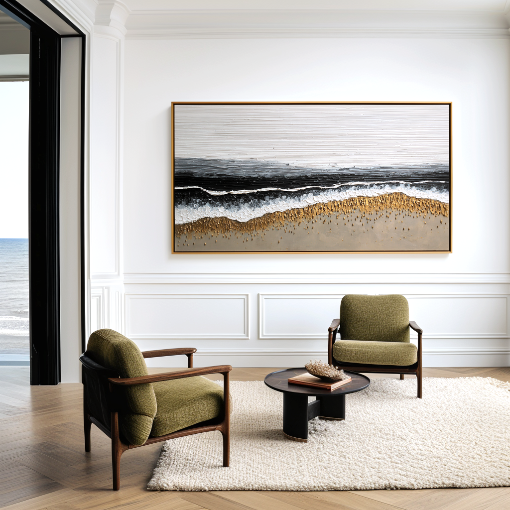textured abstract beach painting with waves and golden sand