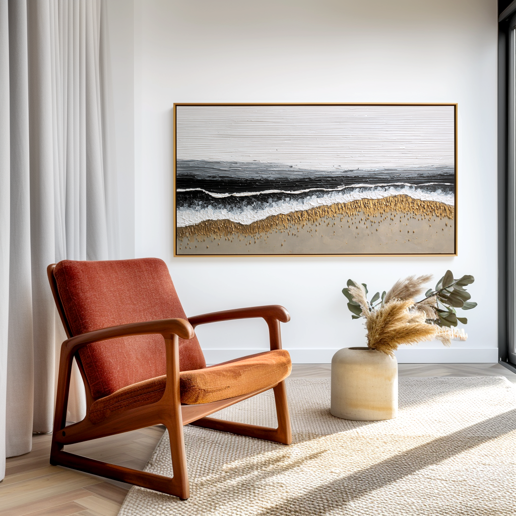 textured abstract beach painting with waves and golden sand