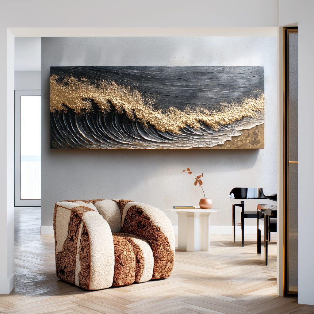 textured abstract ocean wave painting with black and gold